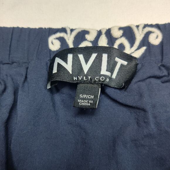 NVLT Embroidered Tiered Cotton Maxi Peasant Skirt Navy Blue Fleur de Lis Small - Picture 8 of 13